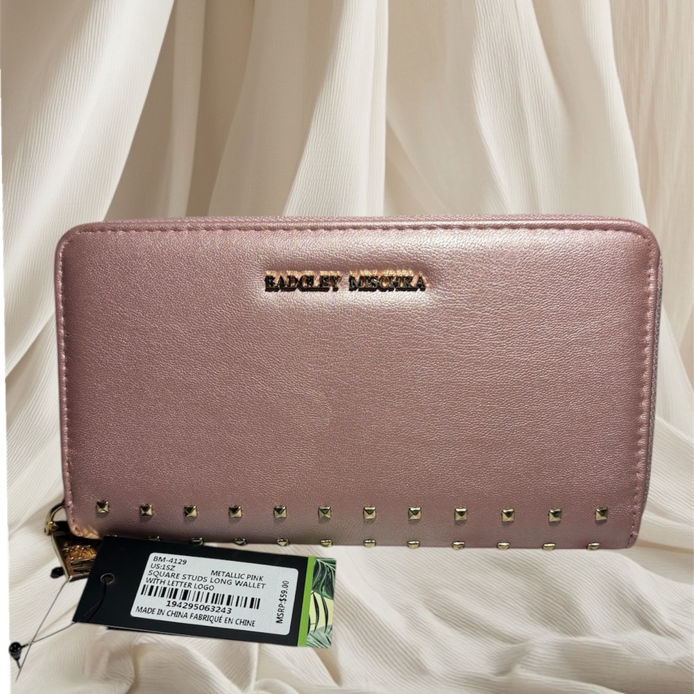 NWT Brand New Badgley Mischka Studded Wallet with Letter Logo (Metallic Pink)